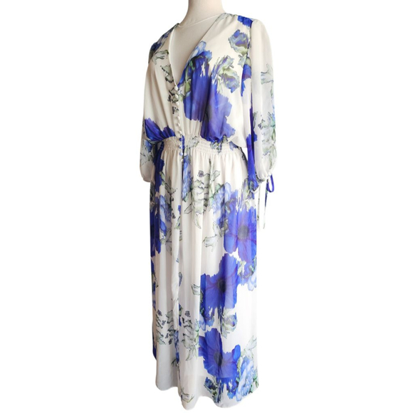 Taylor Plus 20W Floral Chiffon Midi Dress Blue Purple Sheer Overlay Smocked - Picture 4 of 16